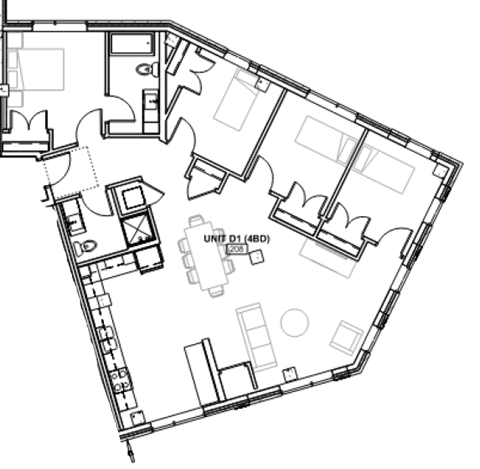 Floor plan for 4 beds, 2 baths, 1372 sqft